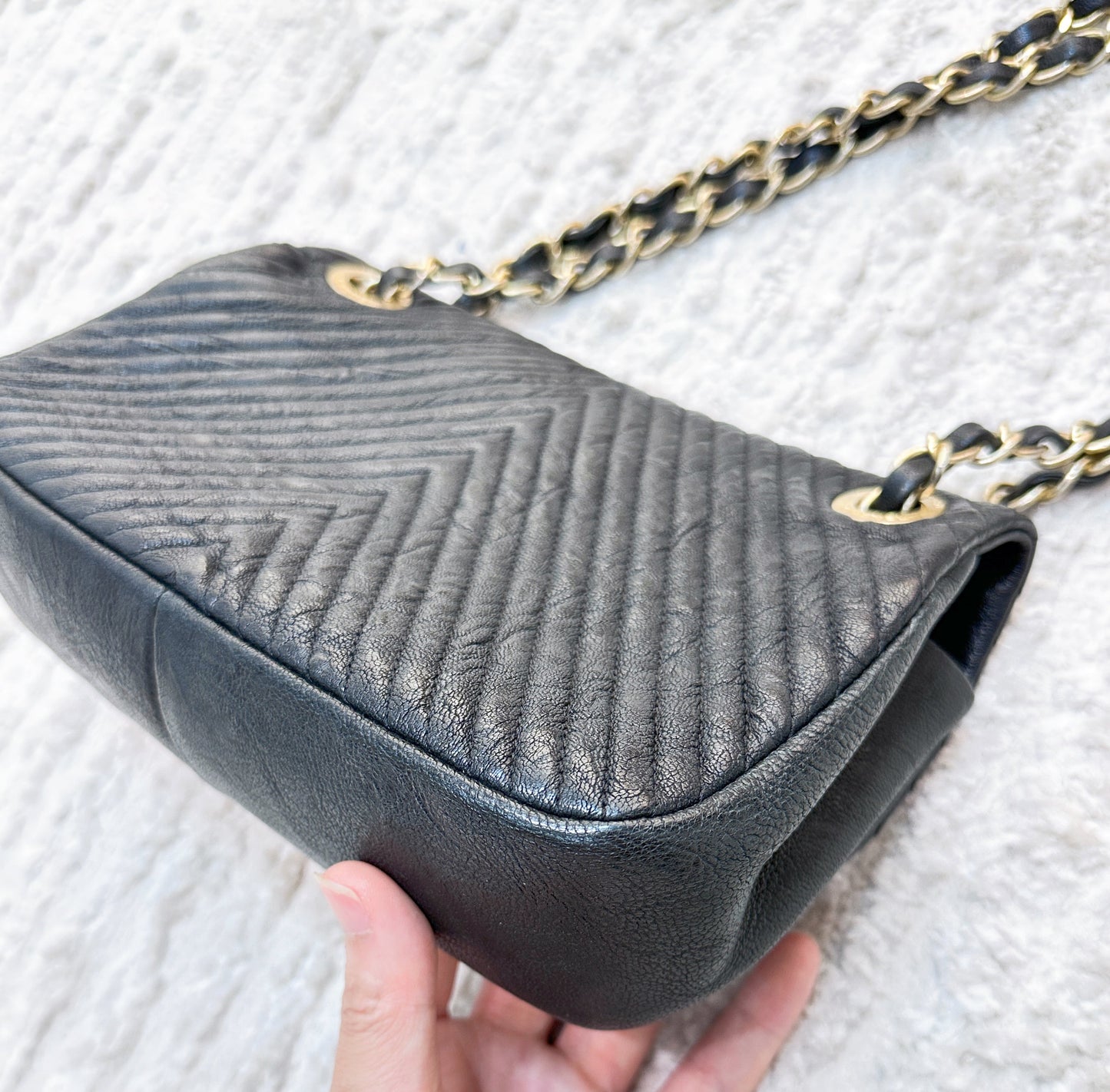 Chanel Black Chevron Leather Small Classic Flap Bag