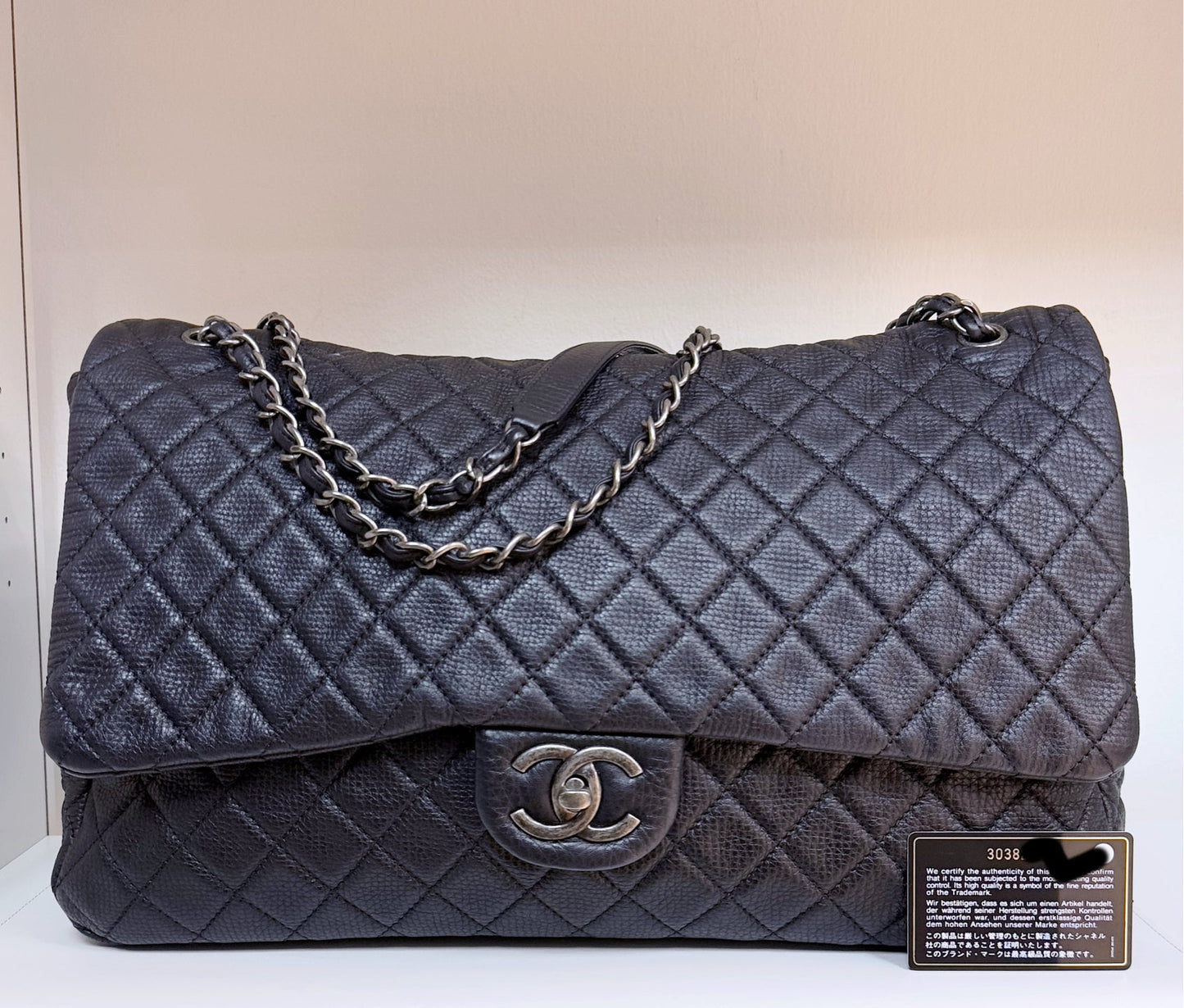 Chanel Calfskin Quilted XXL Travel Flap Bag Black 3038 holo card