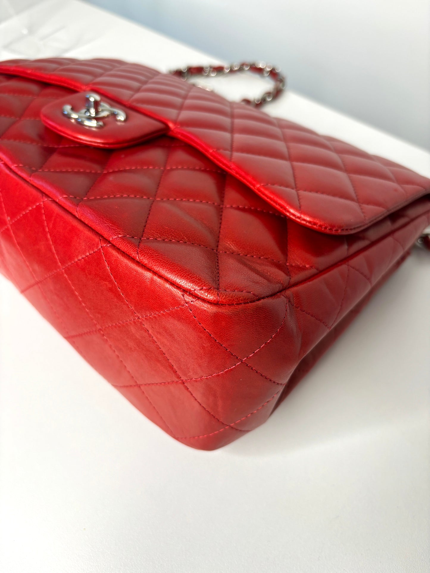 RESERVED  for 24 hrs - Chanel Jumbo Red Lambskin Classic Single Flap Shoulder Bag - Preloved