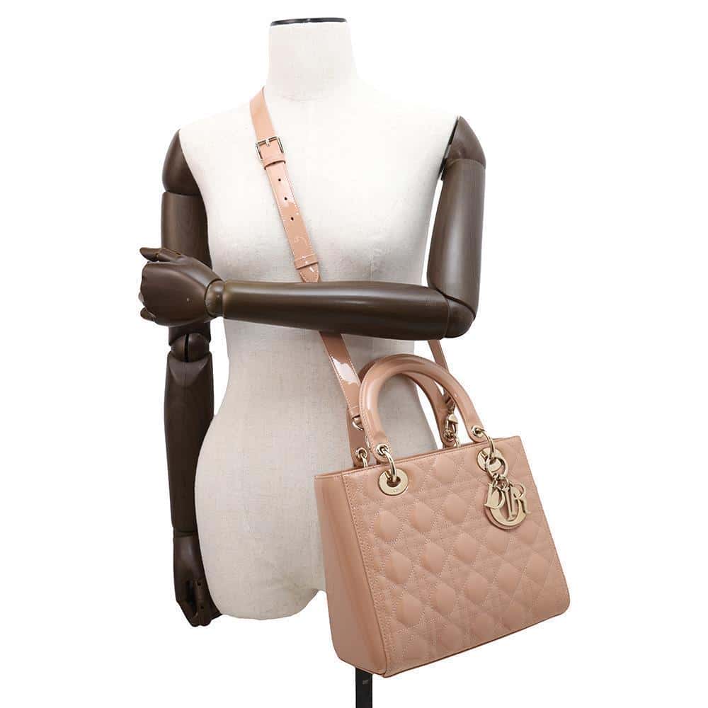 Dior Lady Dior 2WAY Handbag Pink M0565OWCB Patent Leather Size Medium