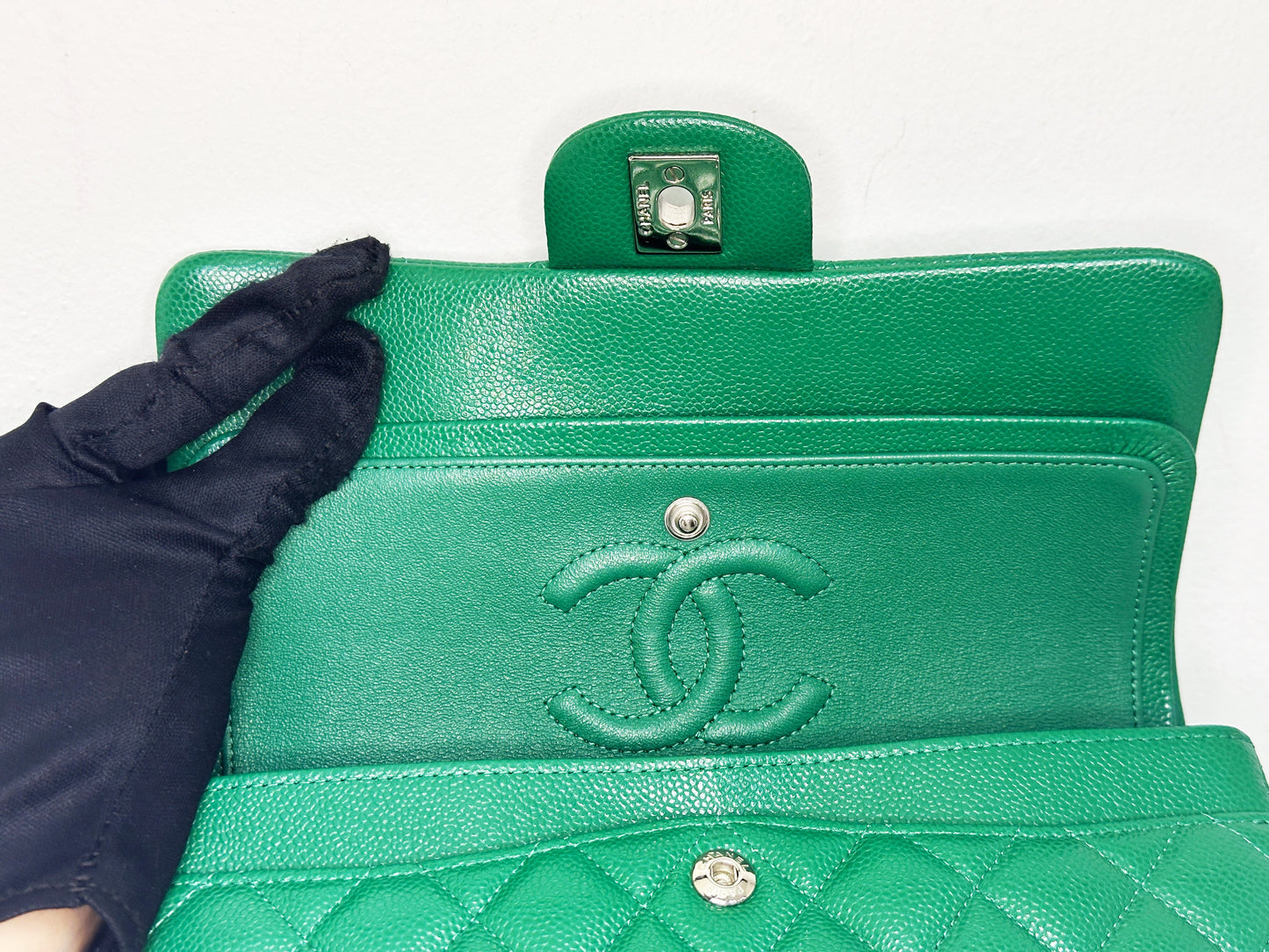 CHANEL 20B Green Classic Small Double Flap Bag SHW 3050 holo card