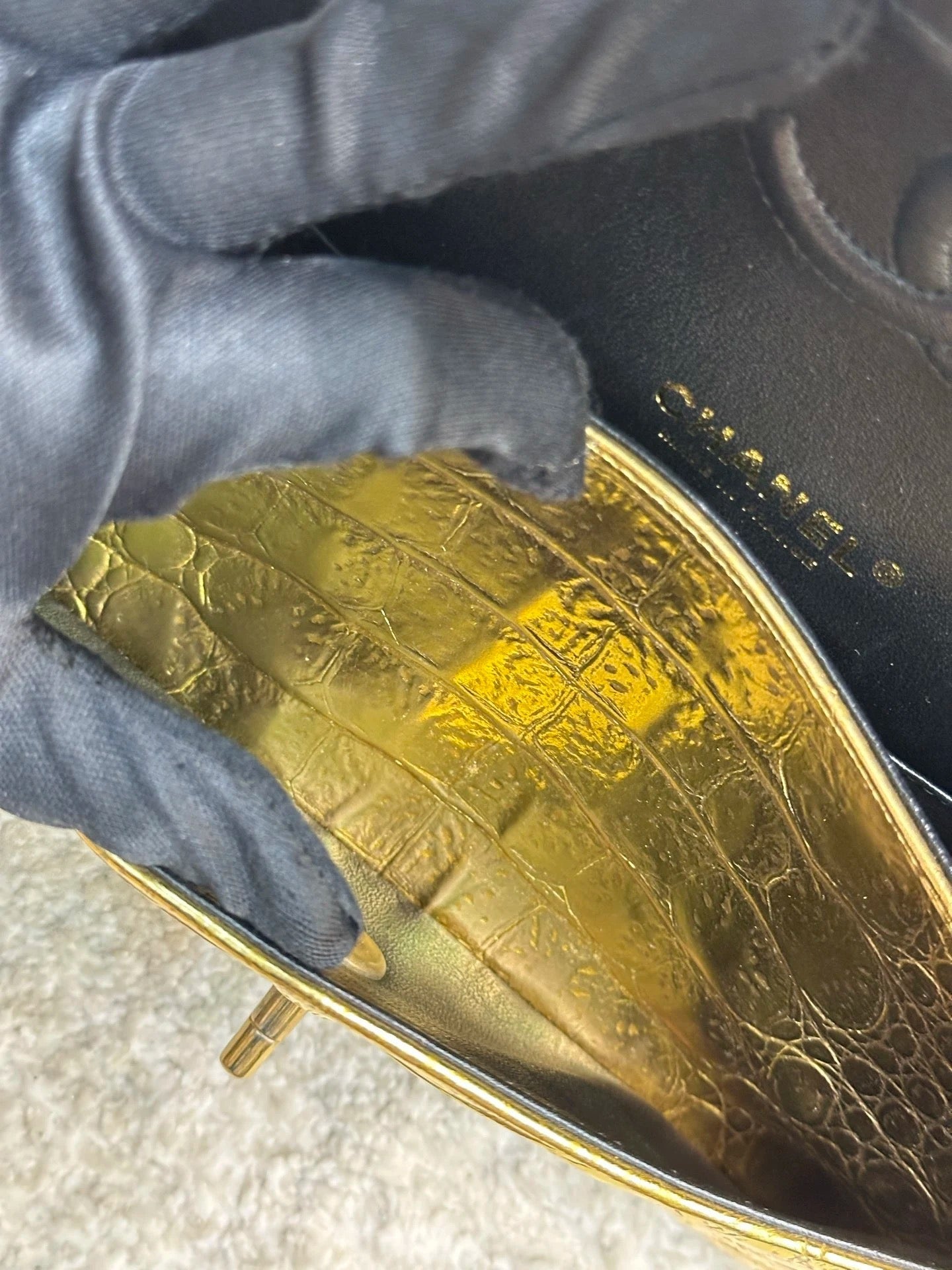 Chanel Medium  Calfskin Crocodile Embossed  Gold Metallic Flap Bag