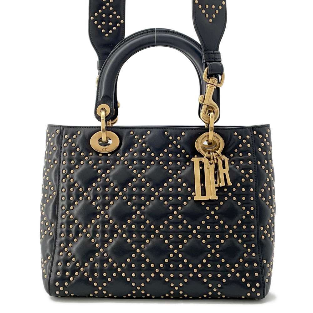 Dior Lady Dior Studded 2WAY Handbag Black Leather