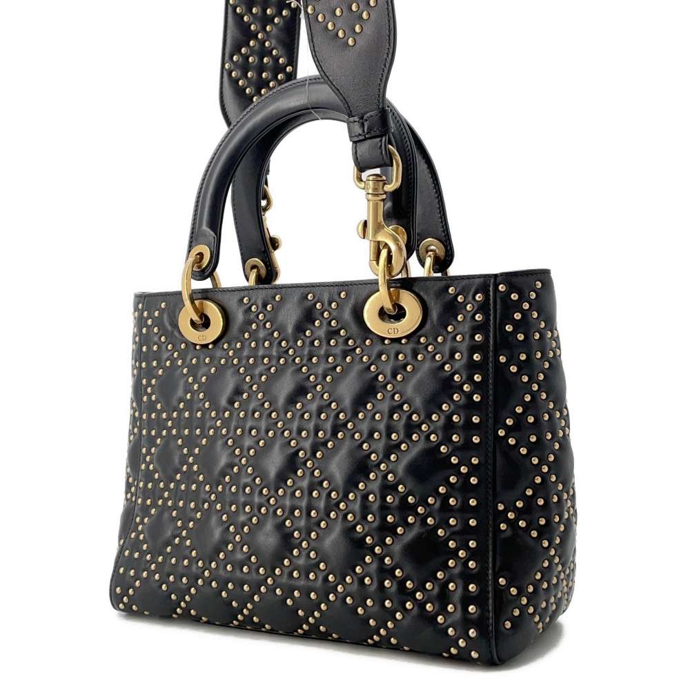 Dior Lady Dior Studded 2WAY Handbag Black Leather