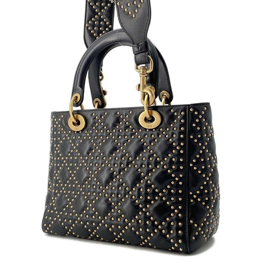 Dior Lady Dior Studded 2WAY Handbag Black Leather