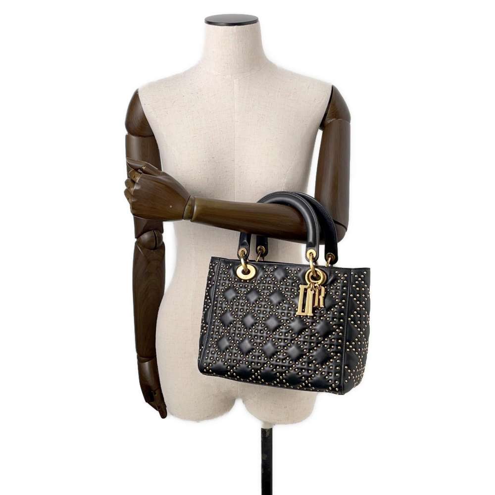 Dior Lady Dior Studded 2WAY Handbag Black Leather