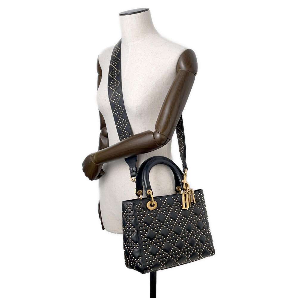 Dior Lady Dior Studded 2WAY Handbag Black Leather