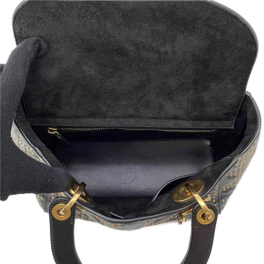 Dior Lady Dior Studded 2WAY Handbag Black Leather