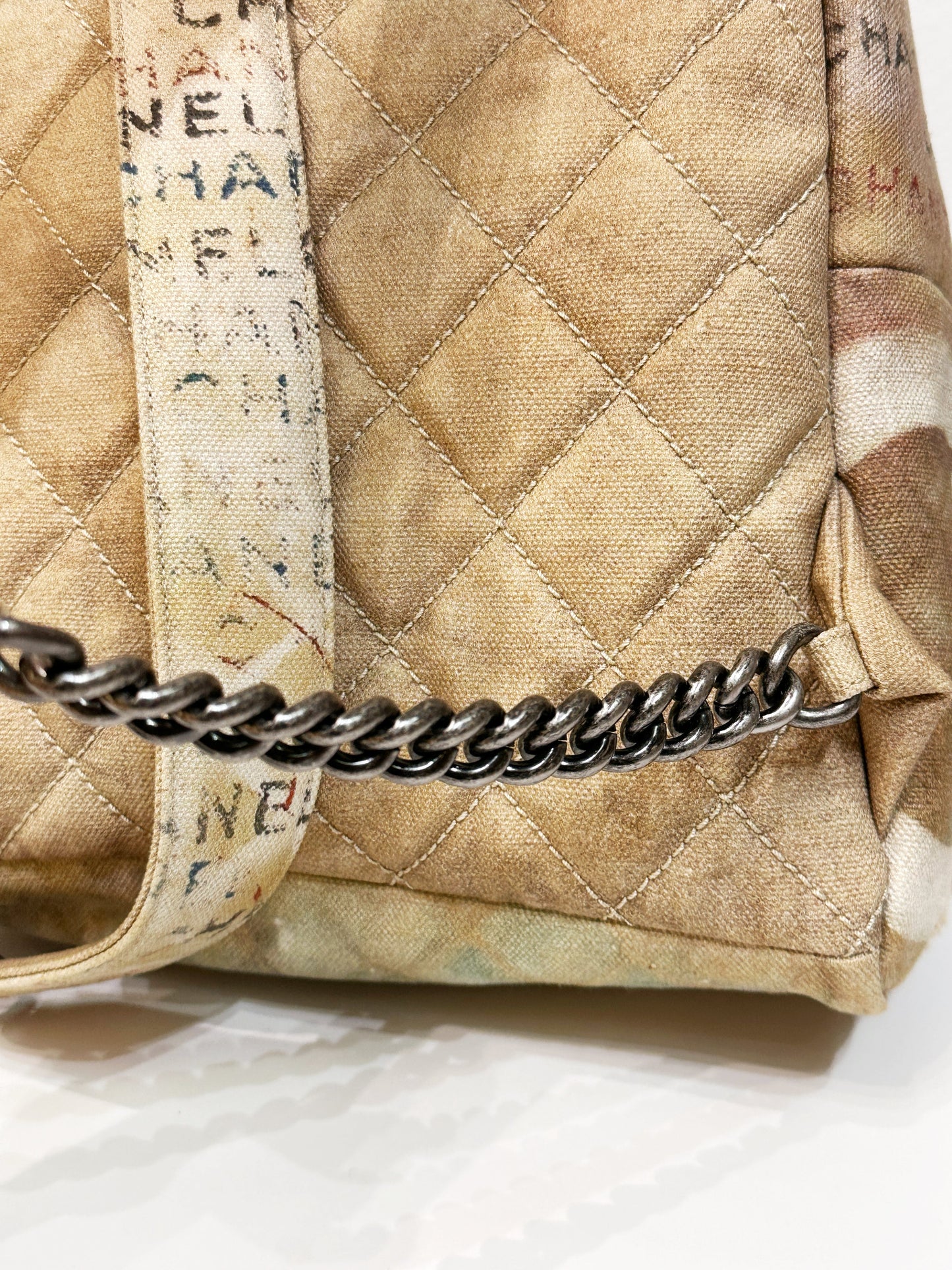 Chanel Graffiti Printed Canvas Medium Backpack Beige 1958 holo card