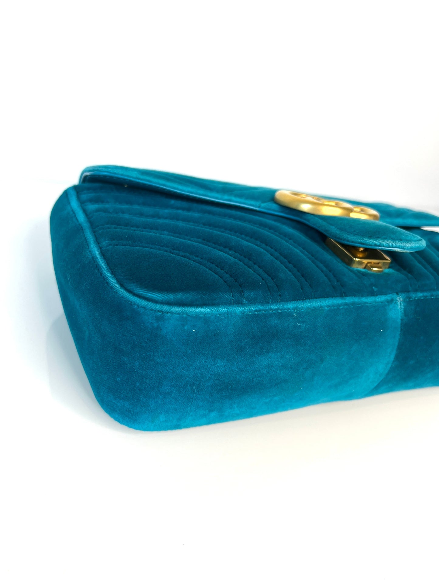Gucci GG Marmont Small Turquoise Blue Velvet Shoulder Bag - Preloved