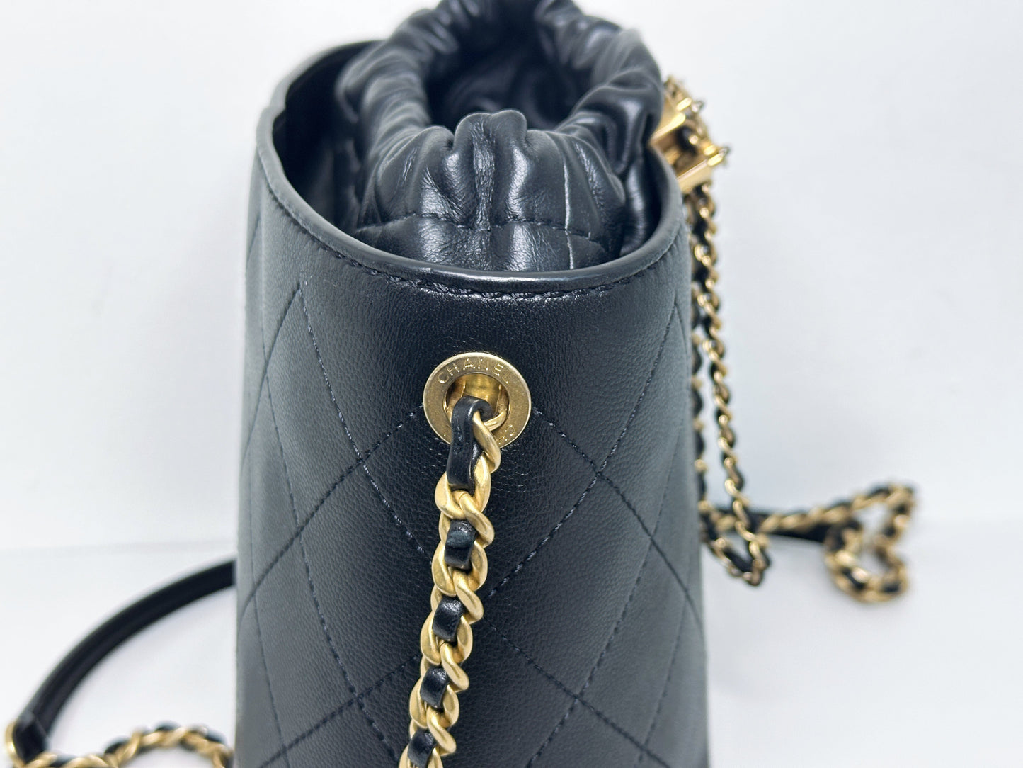 Chanel Drawstring Bucket Bag Quilted Black Caviar Aged Gold Hardware 3088 holo card