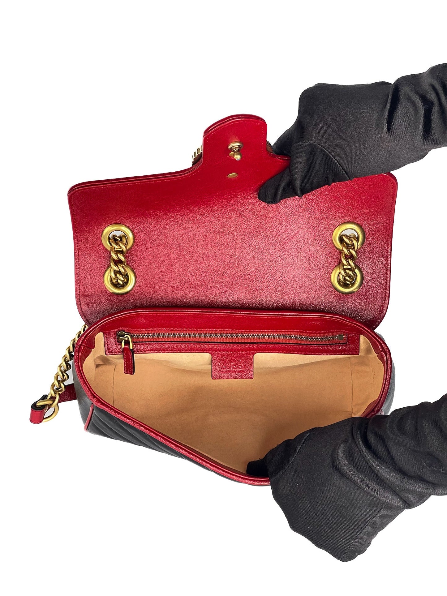 Gucci Calfskin Matelasse Diagonal Small Torchon GG Marmont Shoulder Bag Black Romantic Cherry