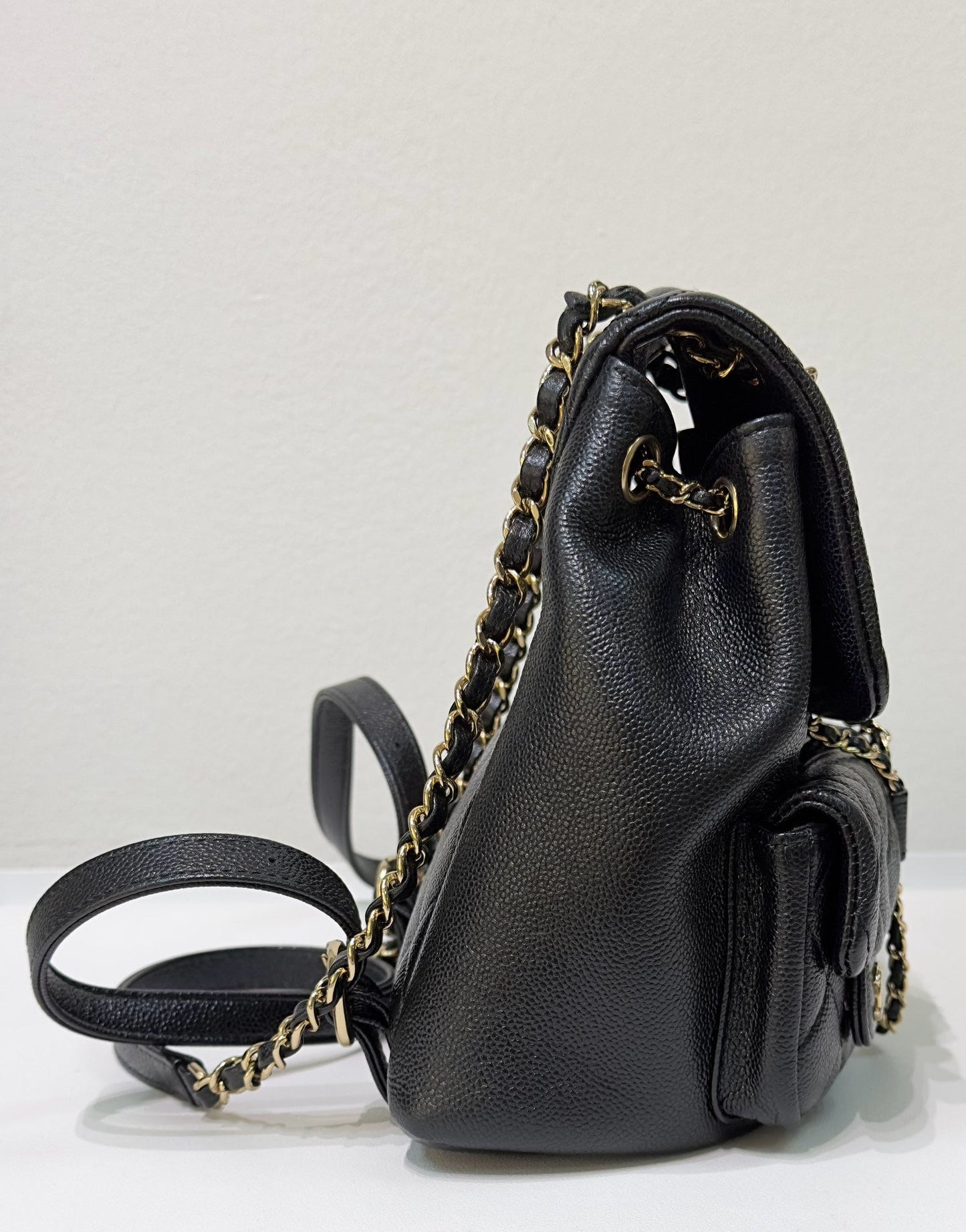 Chanel 23P Small Shiny Caviar Quilted Duma Pockets Drawstring Backpack Black GHW