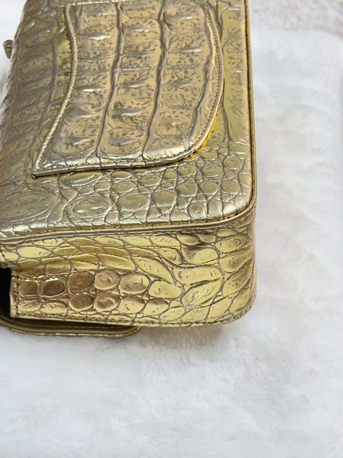 Chanel Gold Metallic Calfskin Crocodile Embossed Rectangular Mini Flap