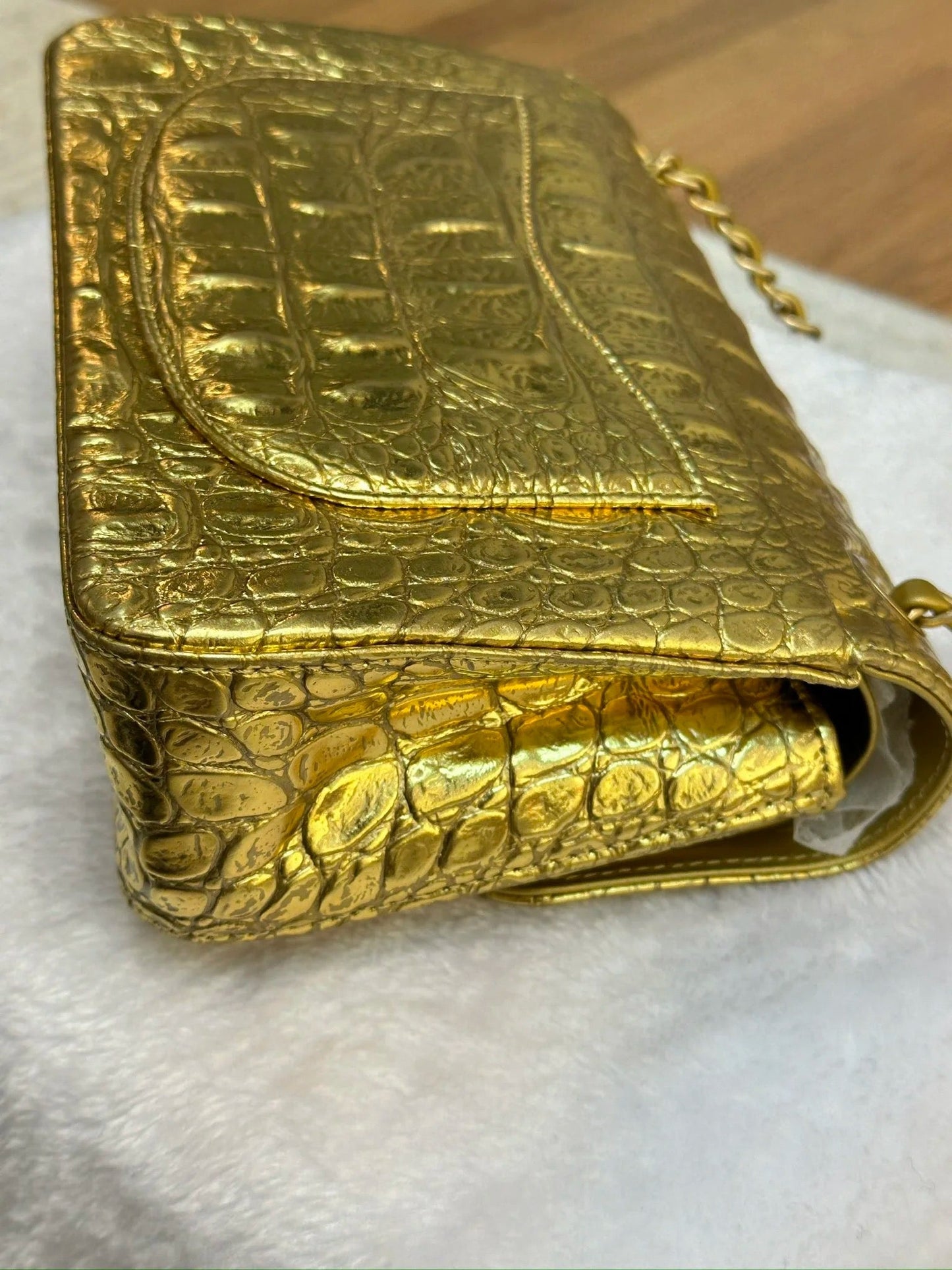 Chanel Medium  Calfskin Crocodile Embossed  Gold Metallic Flap Bag