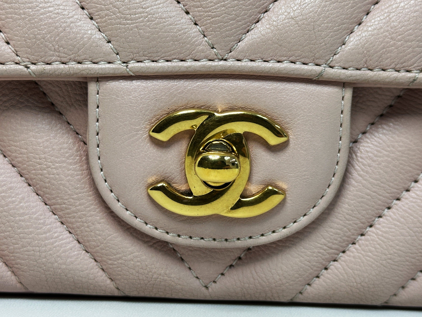 Chanel Classic Mini Rectangular 17C Light Pink Chevron Calfskin with brushed gold hardware ⁣⁣2383 holo card