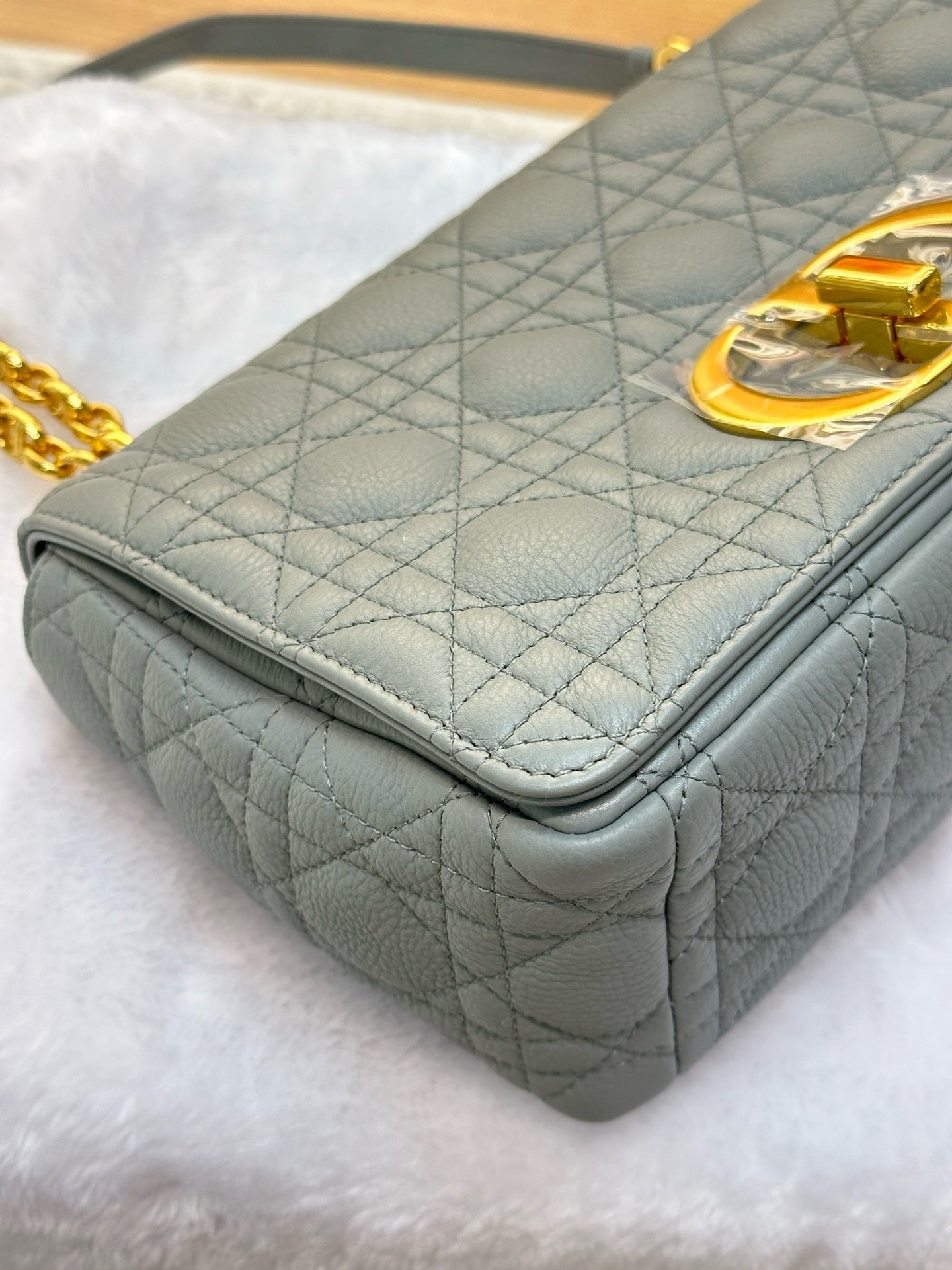 Medium Dior Calfskin Caro Bag Stone Gray Supple Cannage