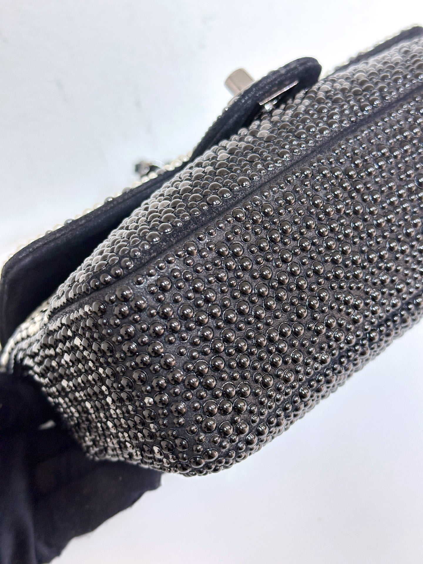 White, Grey and Black Imitation Pearls and Beads and Calfskin Embellished CC MiniClassic Single Flap Ruthenium Hardware, 2014