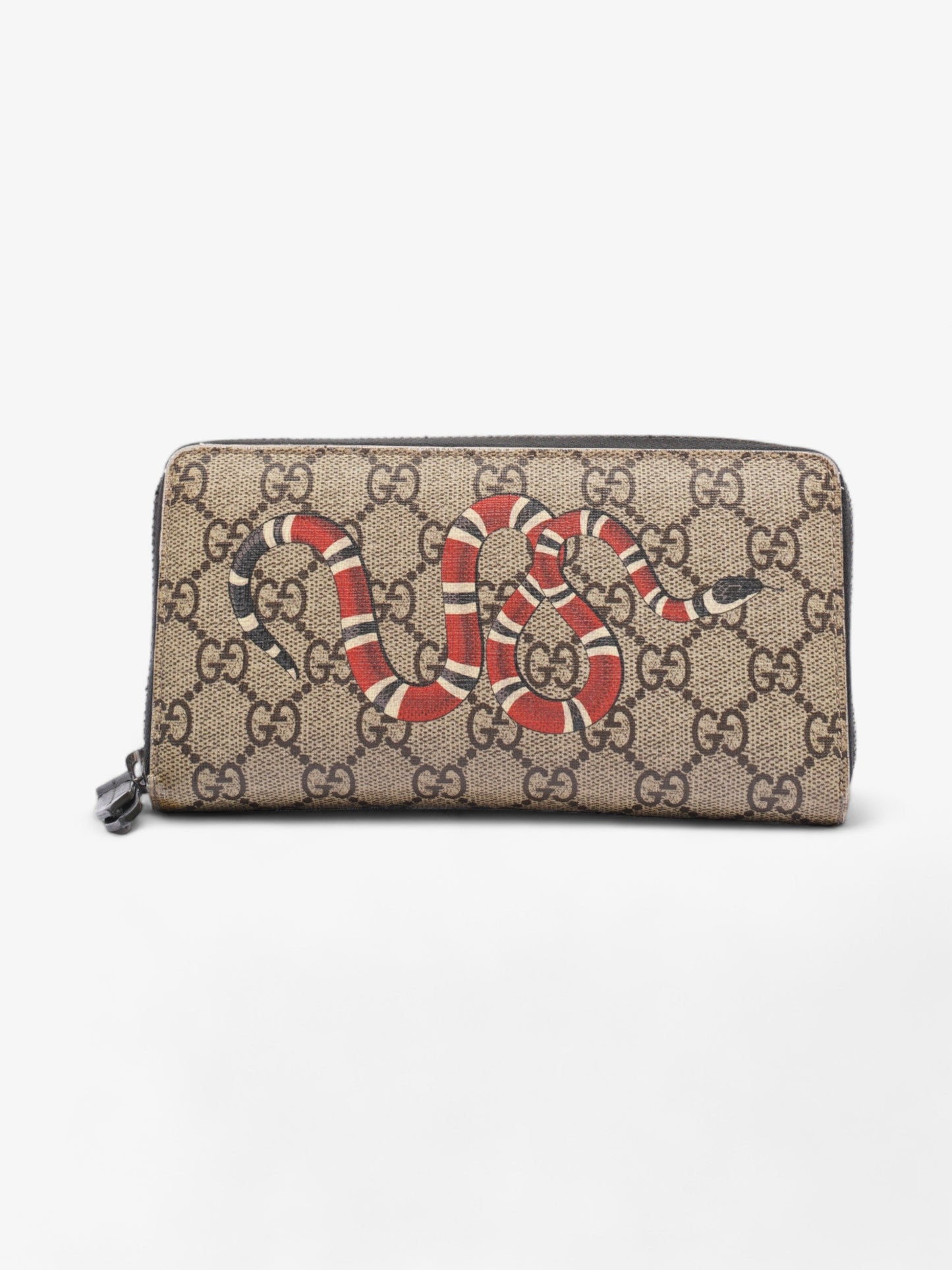 Gucci Snake Zip Around Wallet Beige And Ebony GG Supreme Coated Canvas