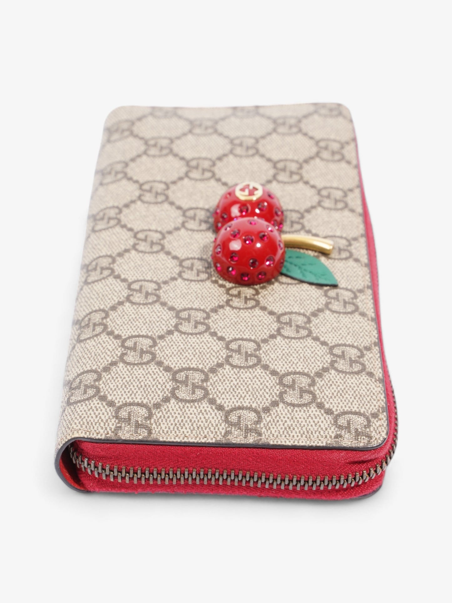 Gucci Zip Around Cherry Wallet Beige And Ebony GG Supreme / Red Coated Canvas