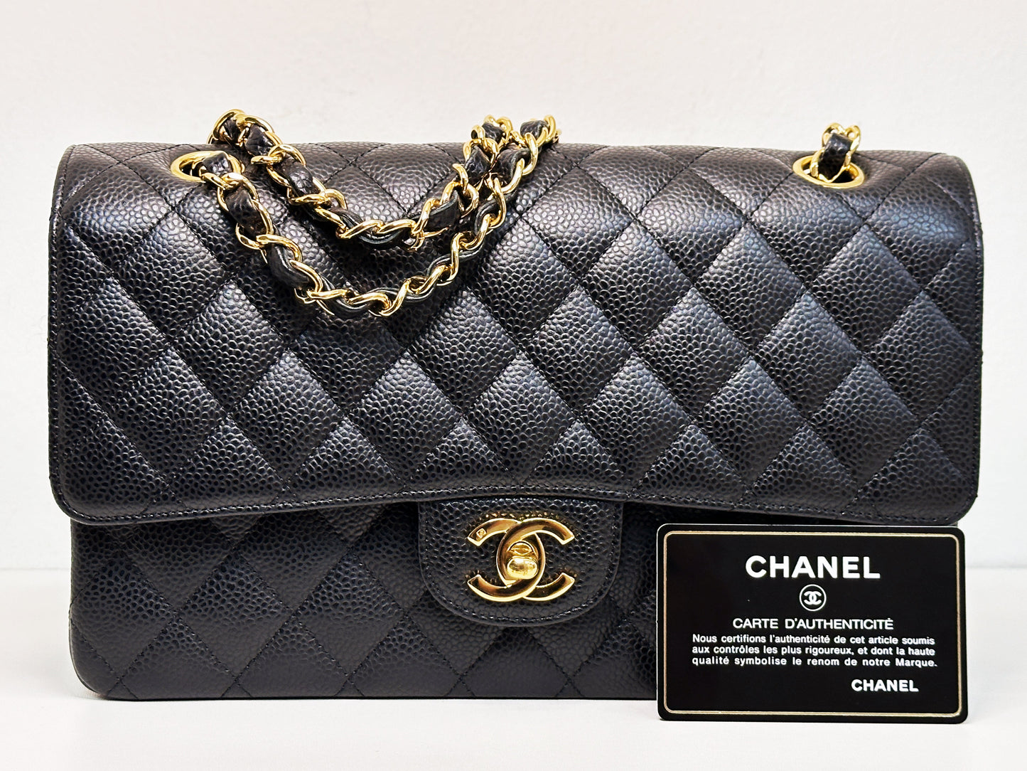 CHANEL Classic Double Flap Medium Shoulder Bag Black Caviar 24k GHW 1125 holo card