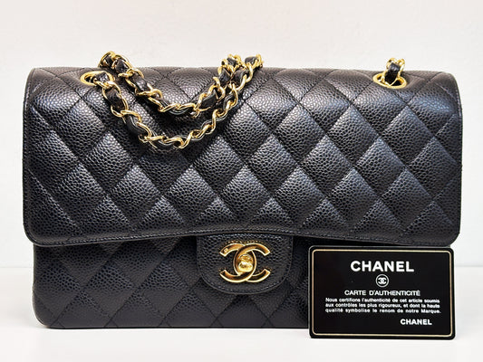 CHANEL Classic Double Flap Medium Shoulder Bag Black Caviar 24k GHW 1125 holo card