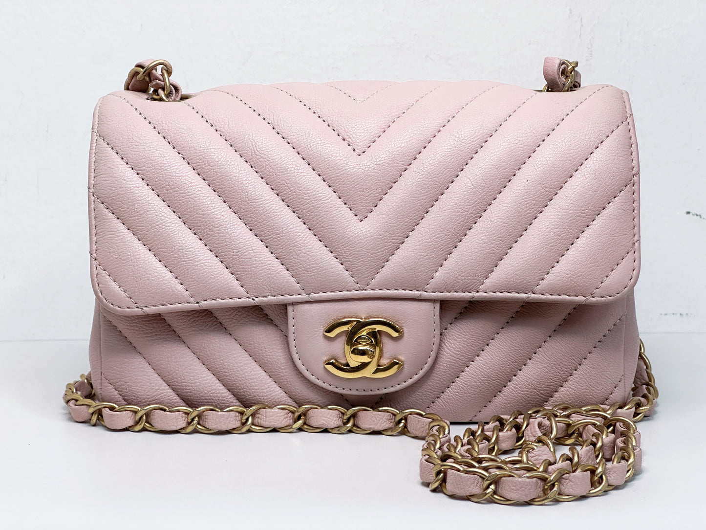 Chanel Classic Mini Rectangular 17C Light Pink Chevron Calfskin with brushed gold hardware ⁣⁣2383 holo card