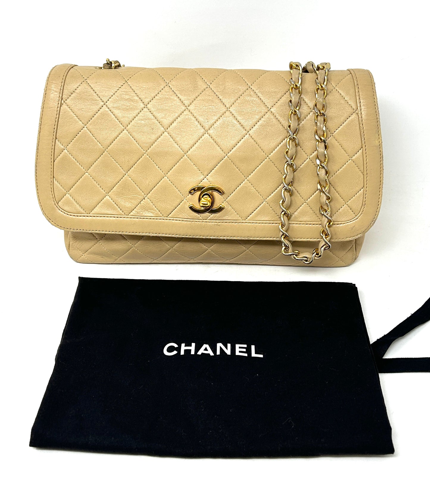 Chanel Beige Quilted Leather CC Logo Flap Shoulder Bag 24K Gold Plated - Preloved