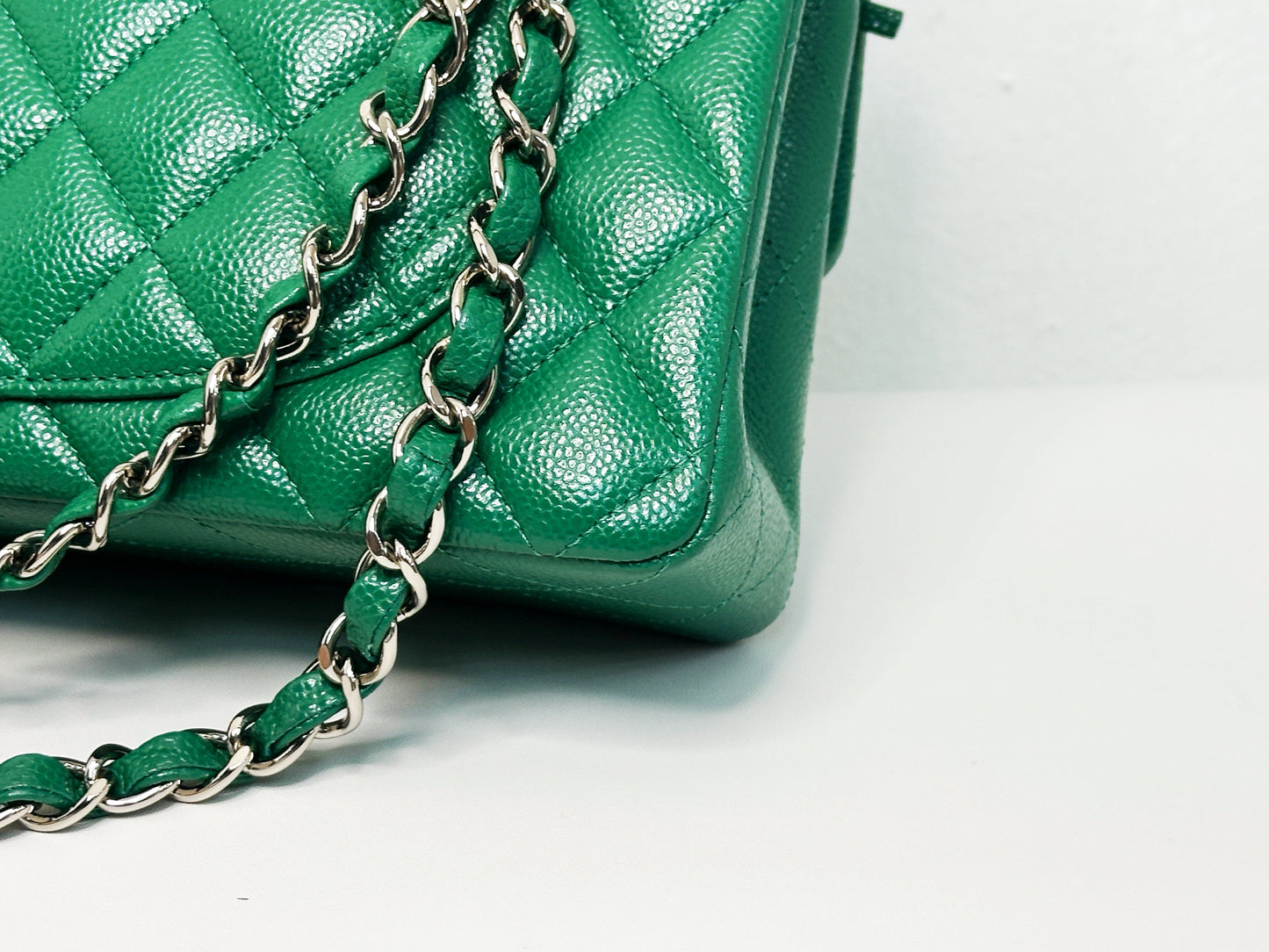 CHANEL 20B Green Classic Small Double Flap Bag SHW 3050 holo card