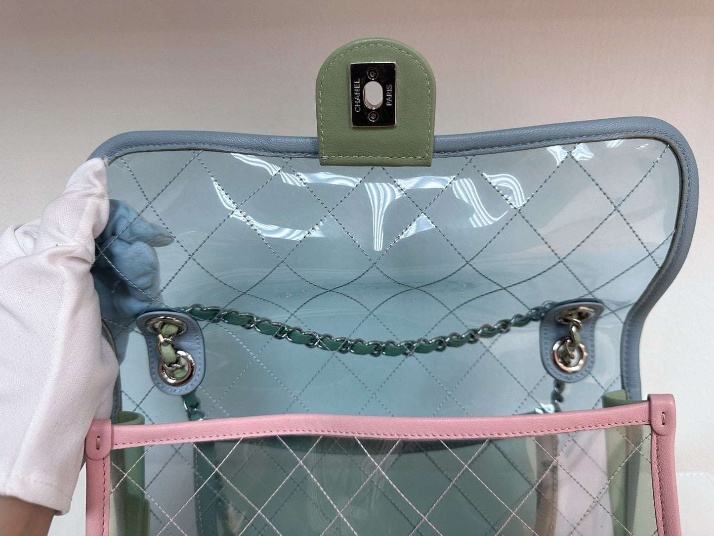 Chanel Coco Splash PVC Medium Flap Bag Pink/Blue/Green Holo card 2569