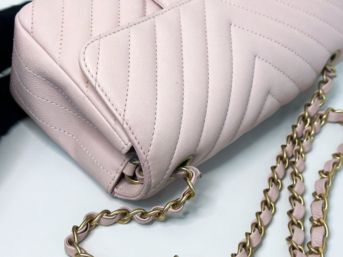 Chanel Classic Mini Rectangular 17C Light Pink Chevron Calfskin with brushed gold hardware ⁣⁣2383 holo card