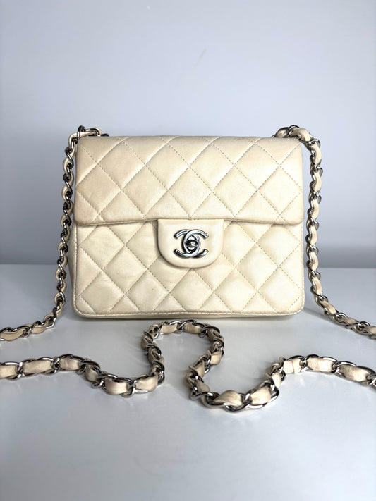 Chanel Mini Flap Square Ivory Lambskin Shoulder Bag - Preloved