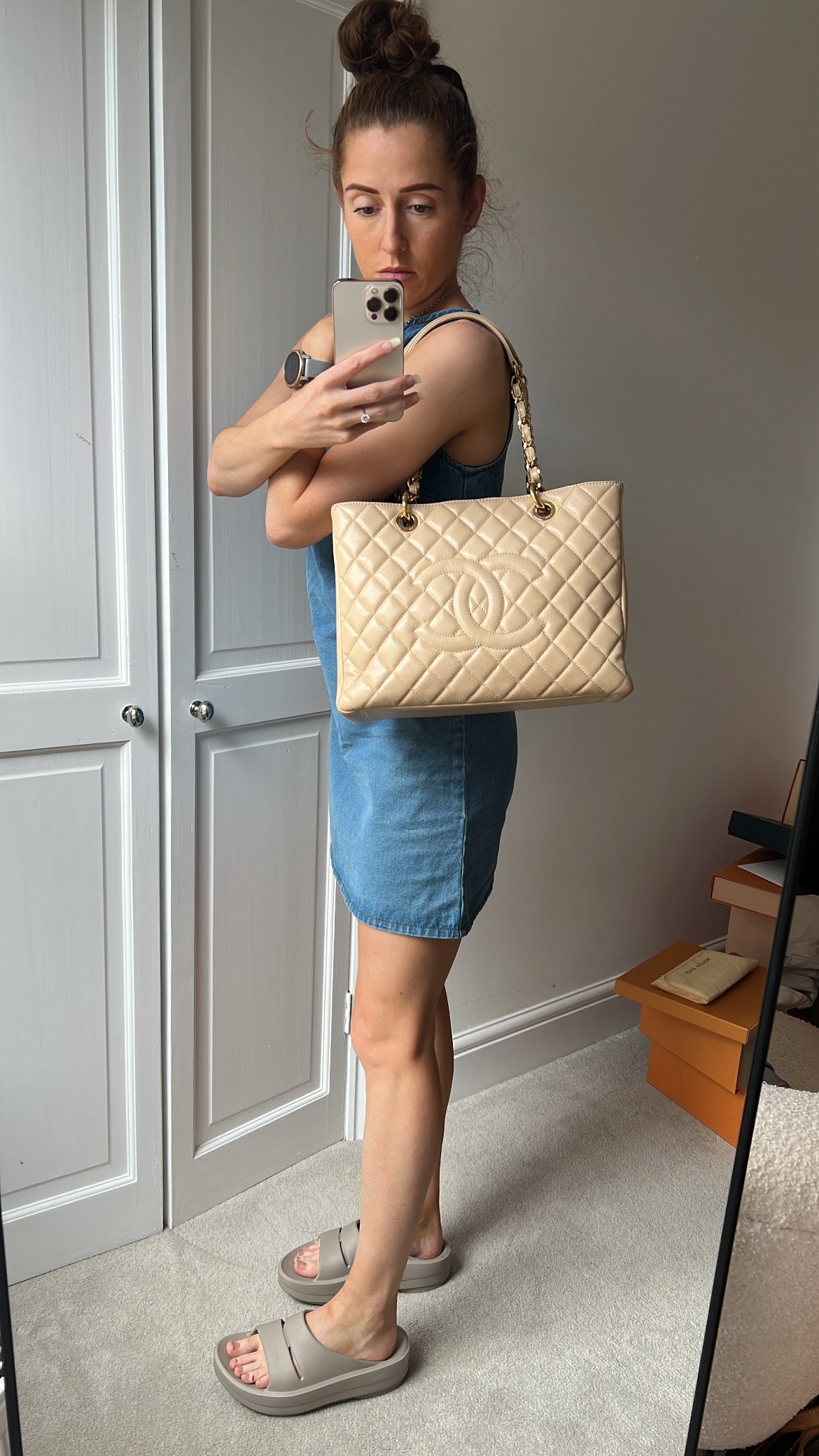 Chanel Beige Caviar Grand Shopper Tote gold hardware (GST)