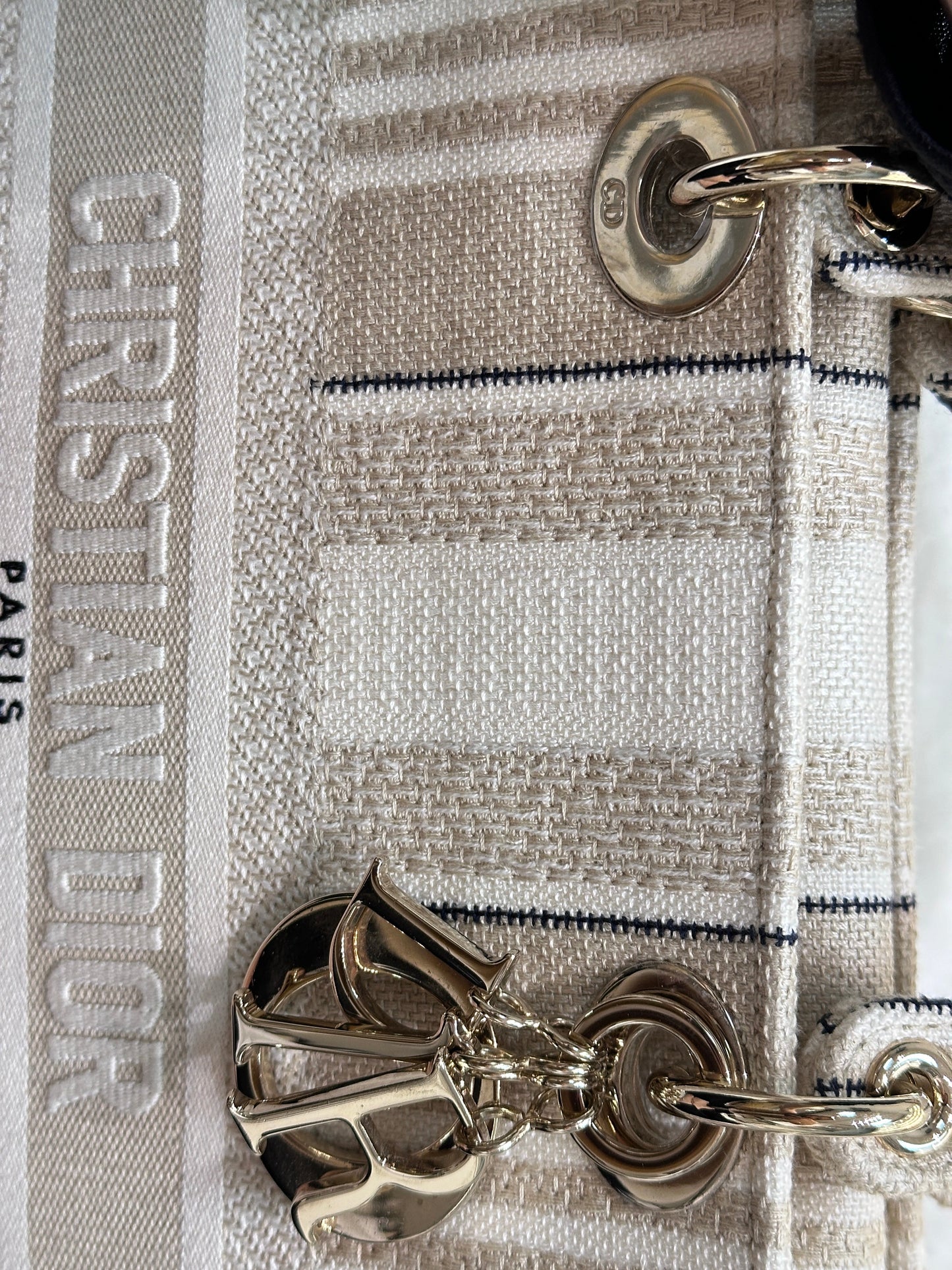 Dior Beige/White Medium Canvas Striped Lady D-Lite