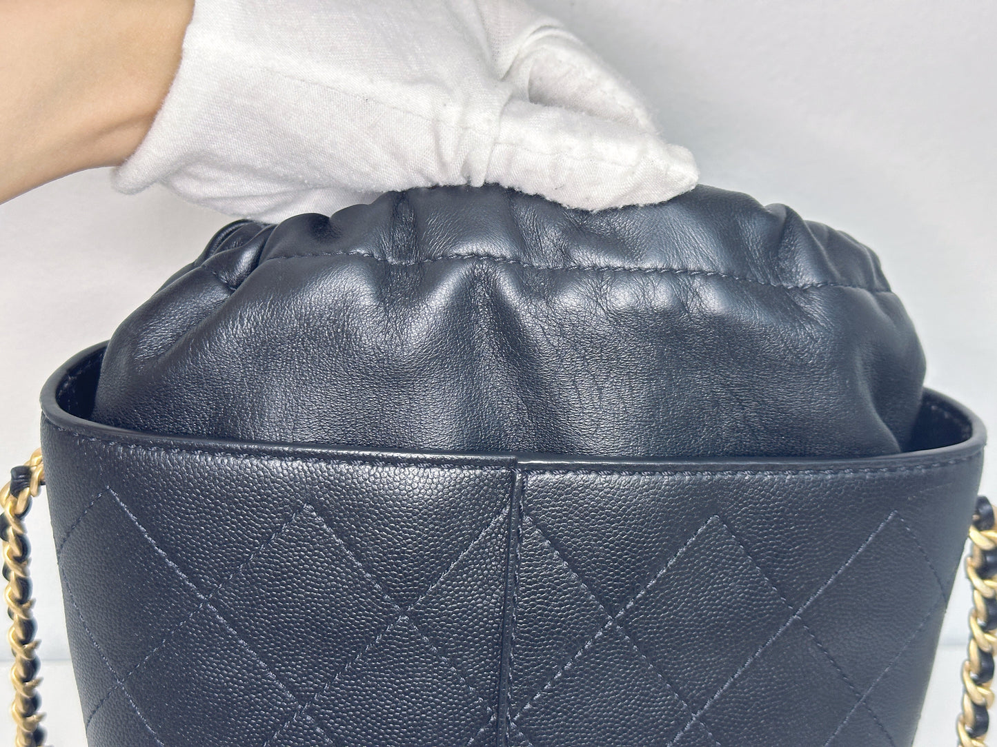 Chanel Drawstring Bucket Bag Quilted Black Caviar Aged Gold Hardware 3088 holo card