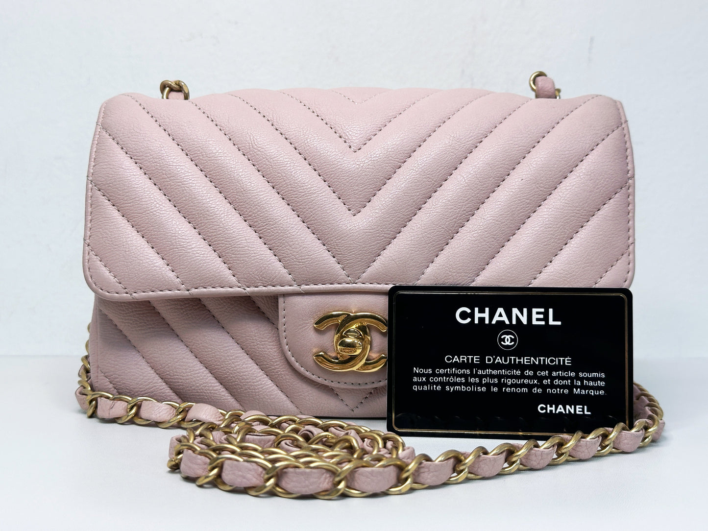 Chanel Classic Mini Rectangular 17C Light Pink Chevron Calfskin with brushed gold hardware ⁣⁣2383 holo card