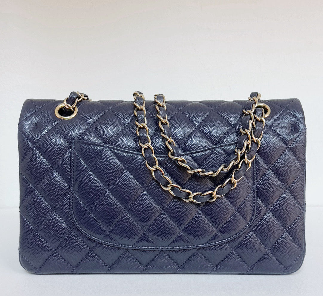 Chanel Medium Classic Caviar Double Flap Navy Blue Bag LSHW  2021year Microchip