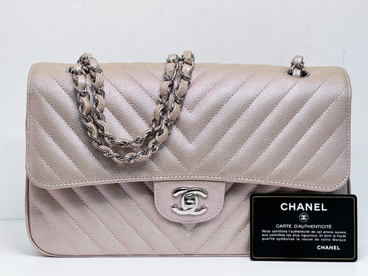 Chanel Medium Classic Chevron Caviar Double Flap Rose Gold SHW 24769 holo card