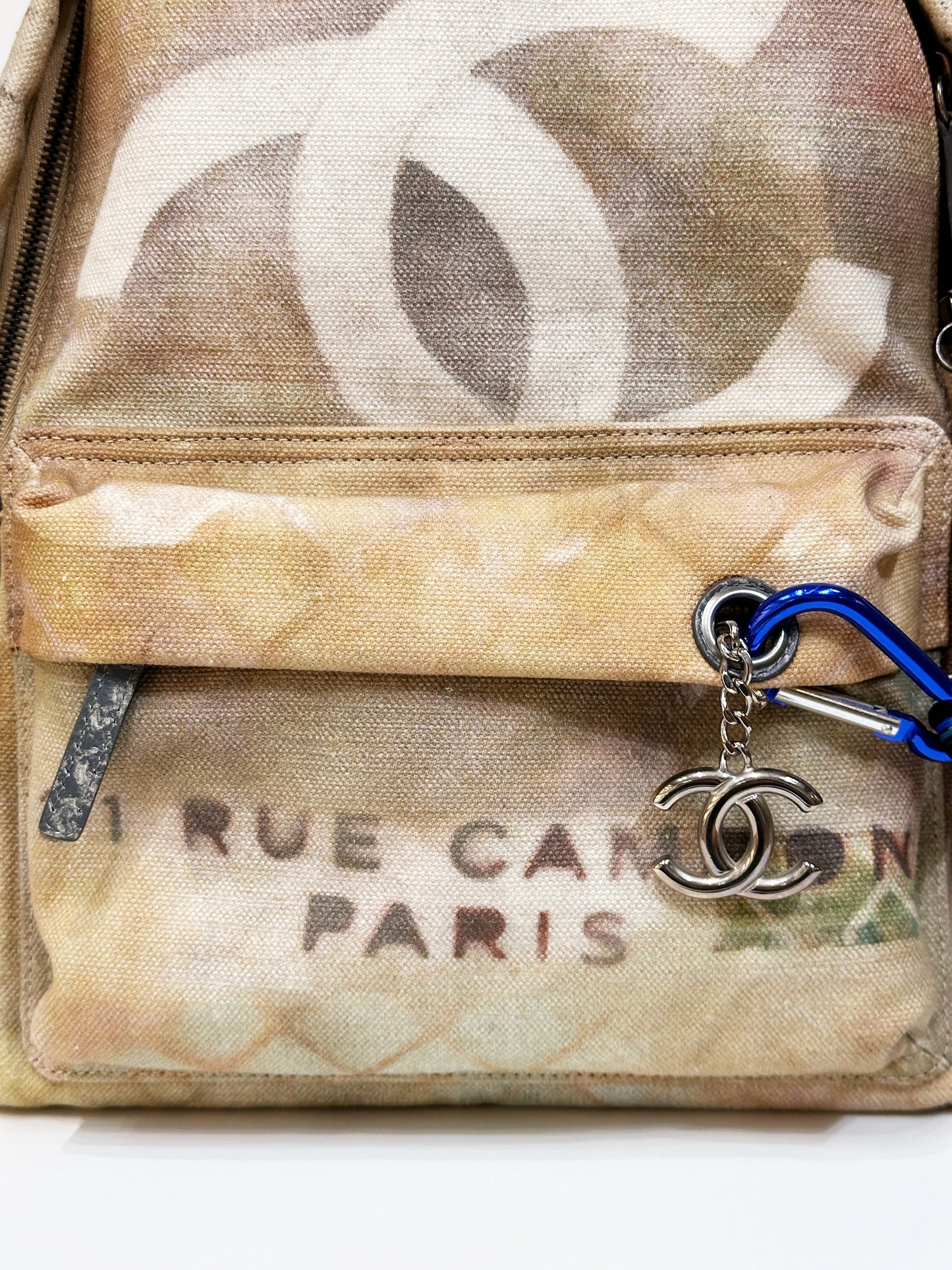 Chanel Graffiti Printed Canvas Medium Backpack Beige 1958 holo card