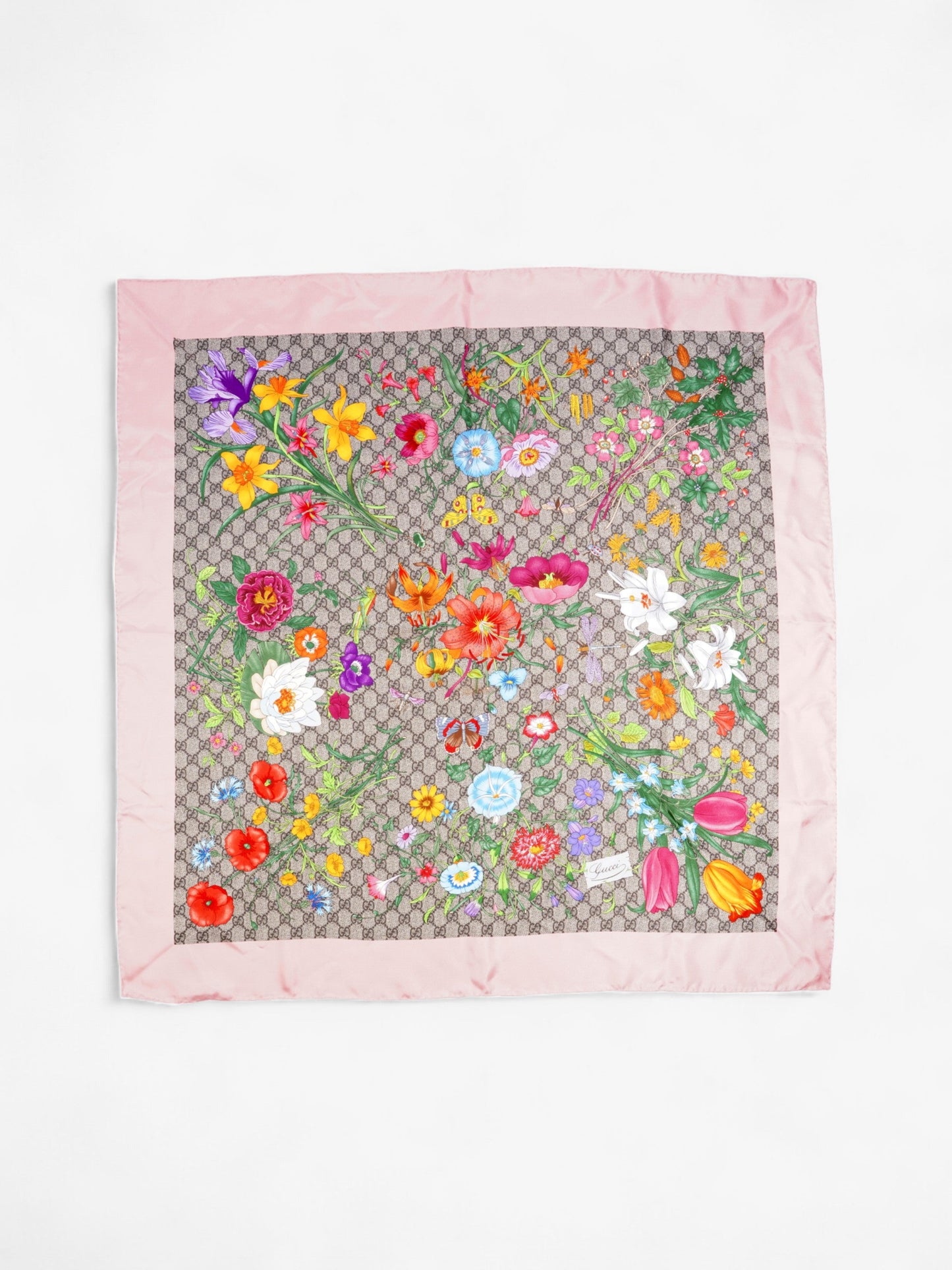 Gucci GG Flora Print Scarf Pink / GG Supreme / Multicolour Silk 90 x 90cm