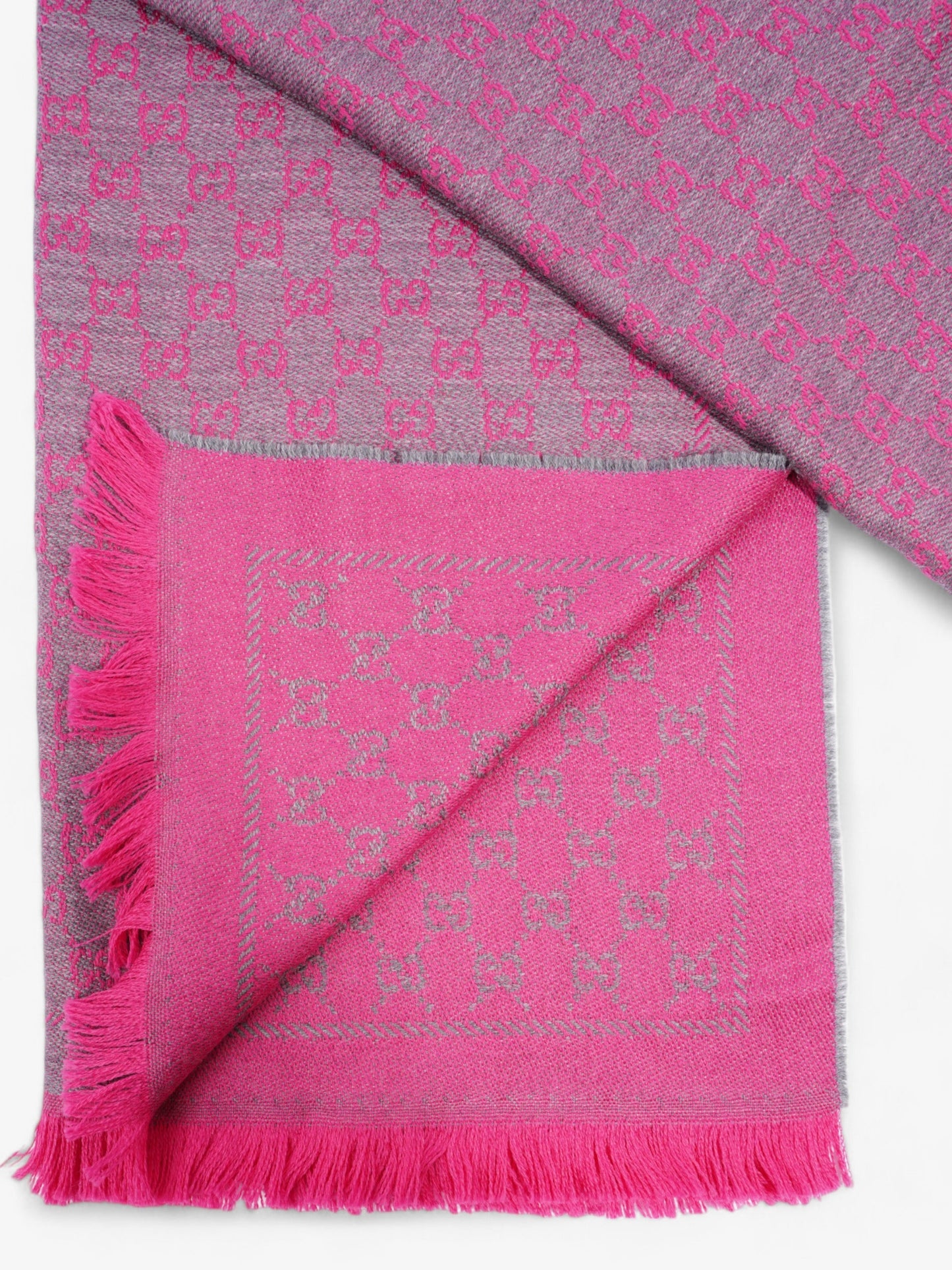 Gucci GG Fringe Scarf GG Pink / Grey Wool