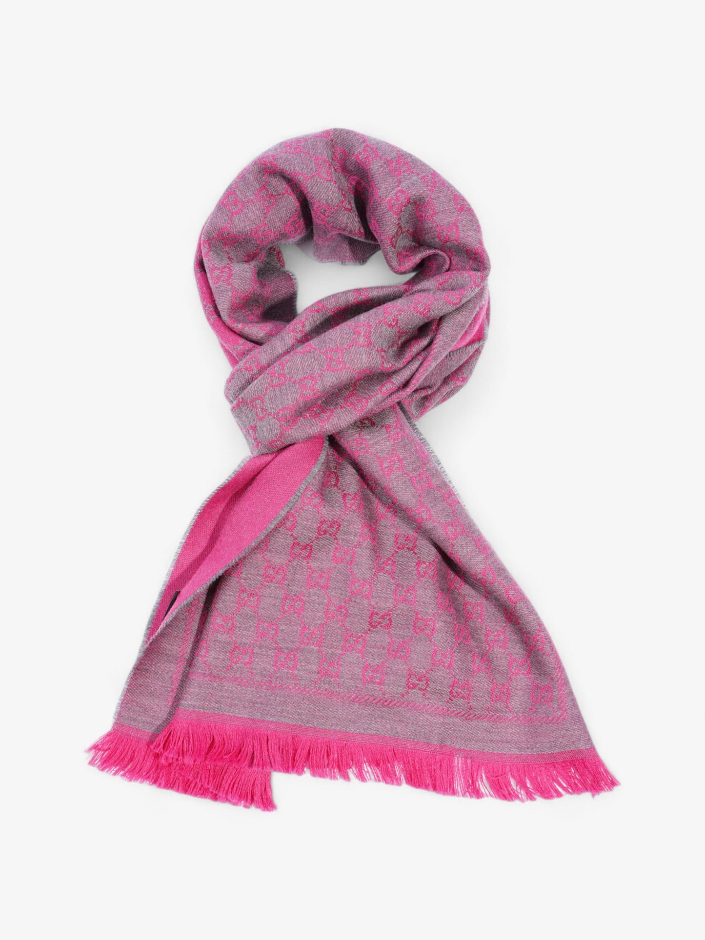 Gucci GG Fringe Scarf GG Pink / Grey Wool