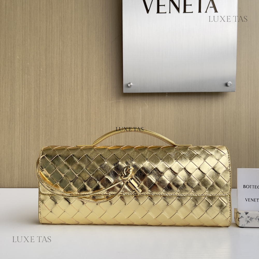 Andiamo Intrecciato Metallic Leather Long Clutch In Gold Designer Clutch for Women