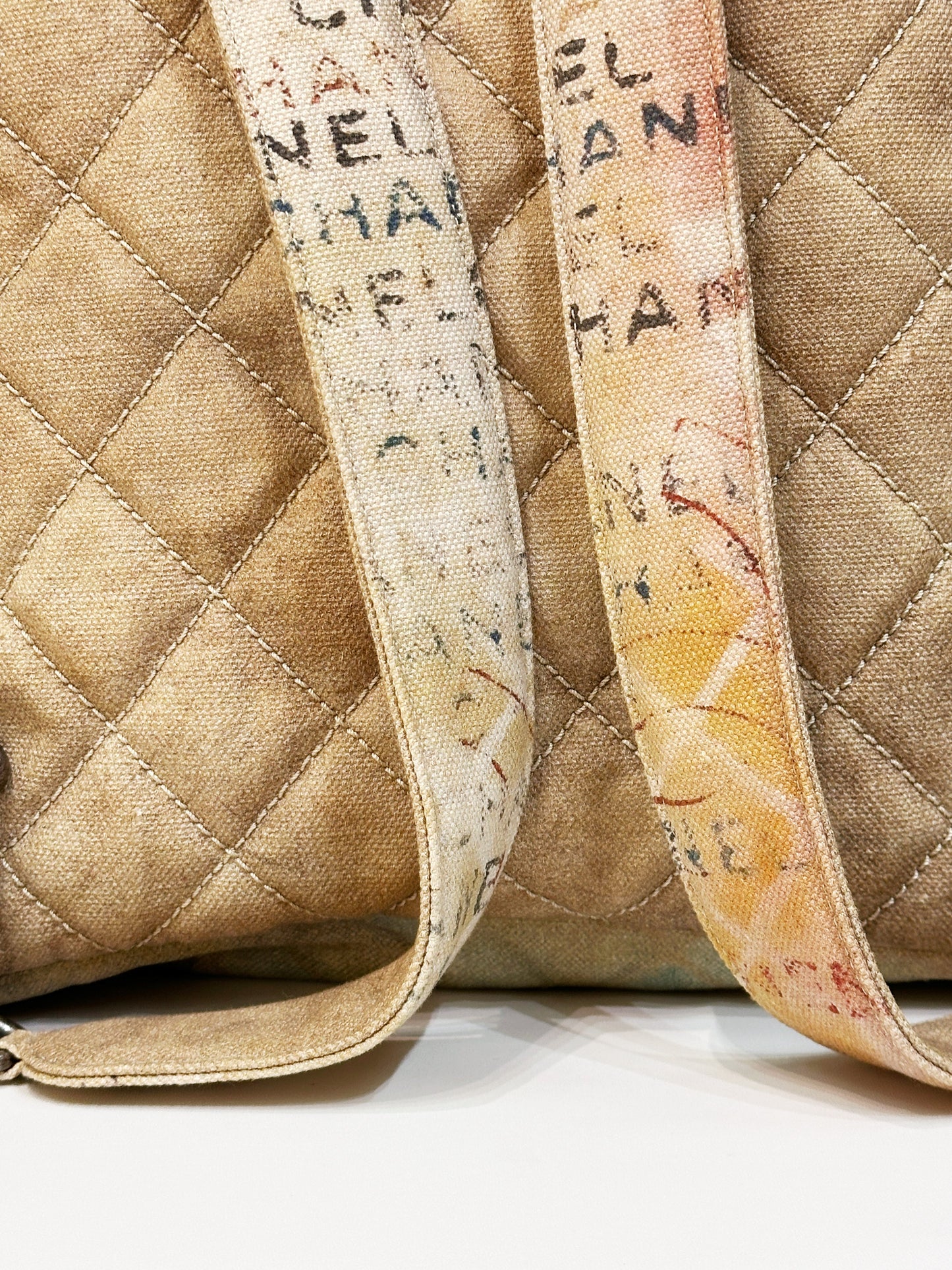Chanel Graffiti Printed Canvas Medium Backpack Beige 1958 holo card