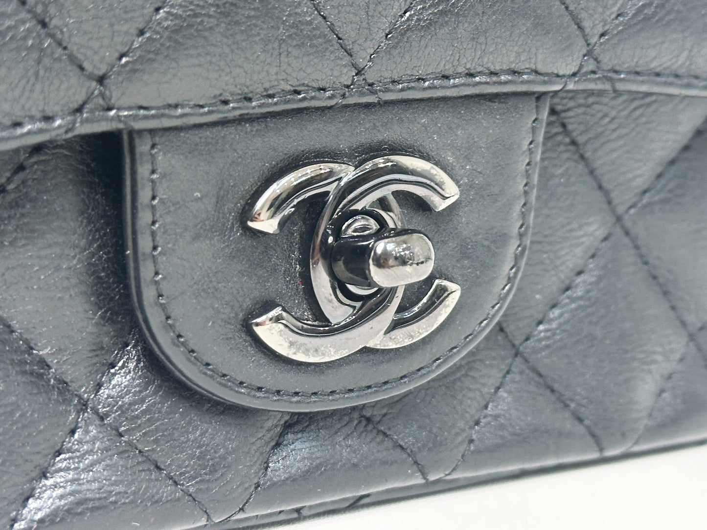 Chanel Quilted Mini Square Flap So Black Crumpled Calfskin 2417 holo card