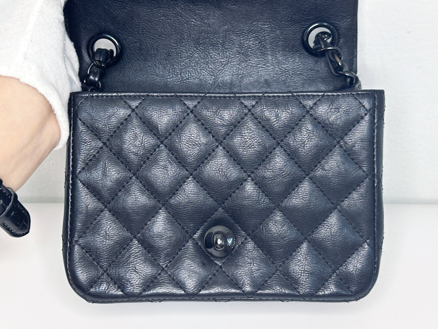 Chanel Quilted Mini Square Flap So Black Crumpled Calfskin 2417 holo card
