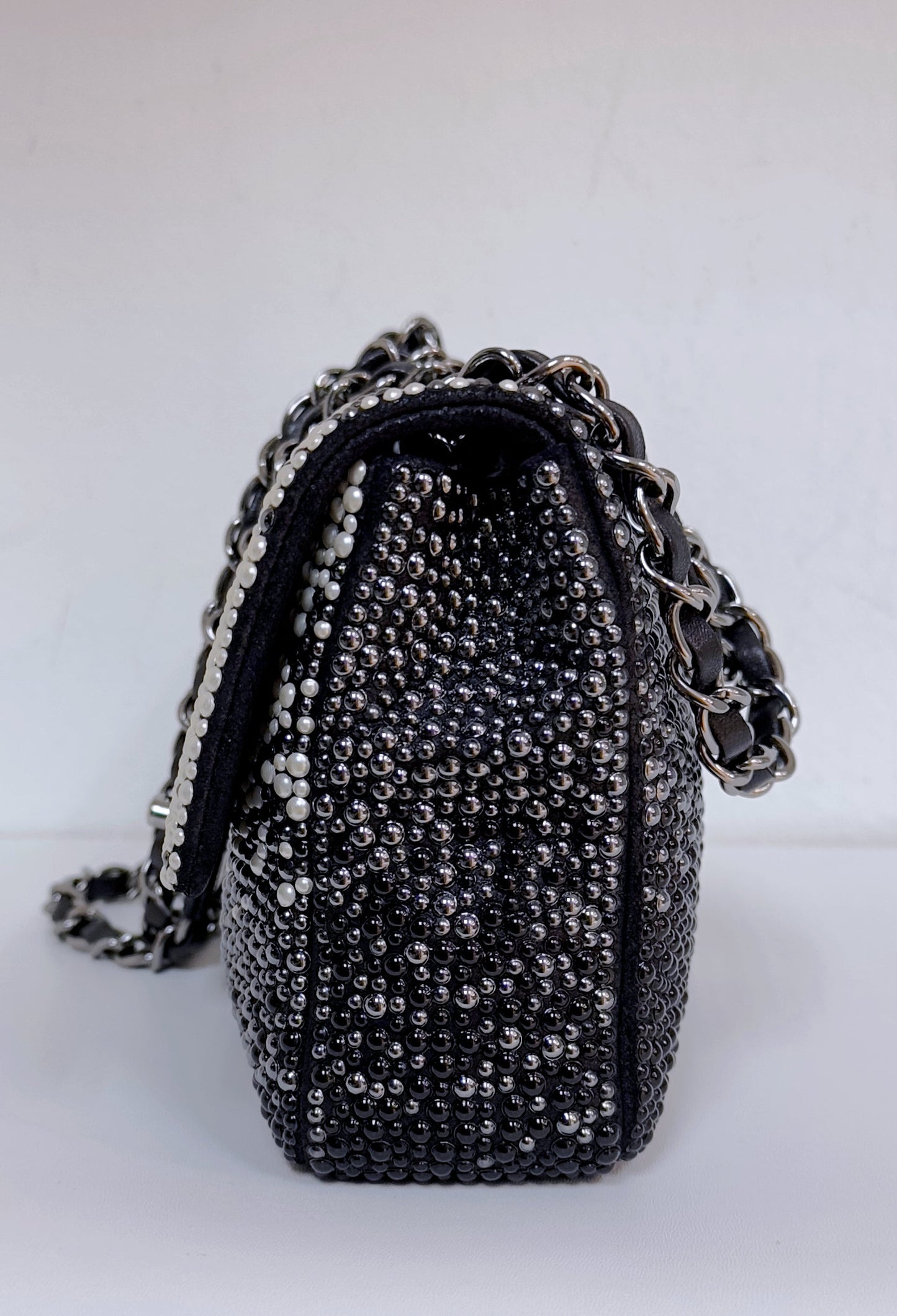 White, Grey and Black Imitation Pearls and Beads and Calfskin Embellished CC MiniClassic Single Flap Ruthenium Hardware, 2014