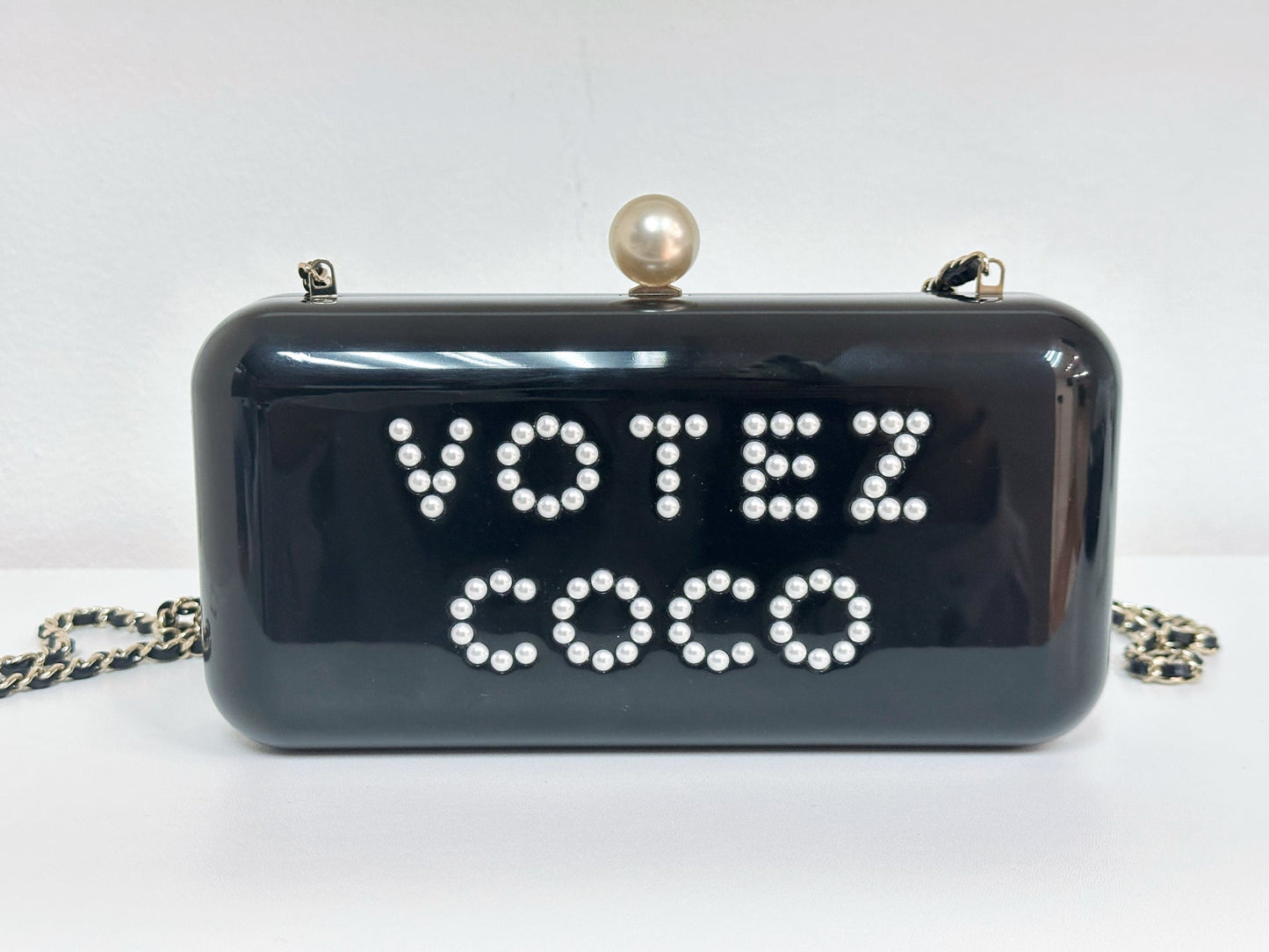 Chanel 2015 Votez Coco Black Pearl Plexiglass Minaudiere Evening Clutch Bag