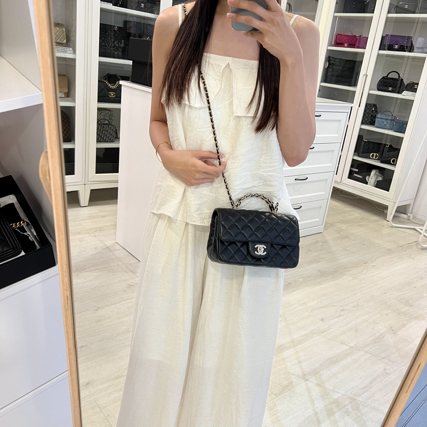 Chanel 23A Mini Rectangle Flap with Crystals Top Handle in Black Lambskin and LGHW (Model: AS4141)