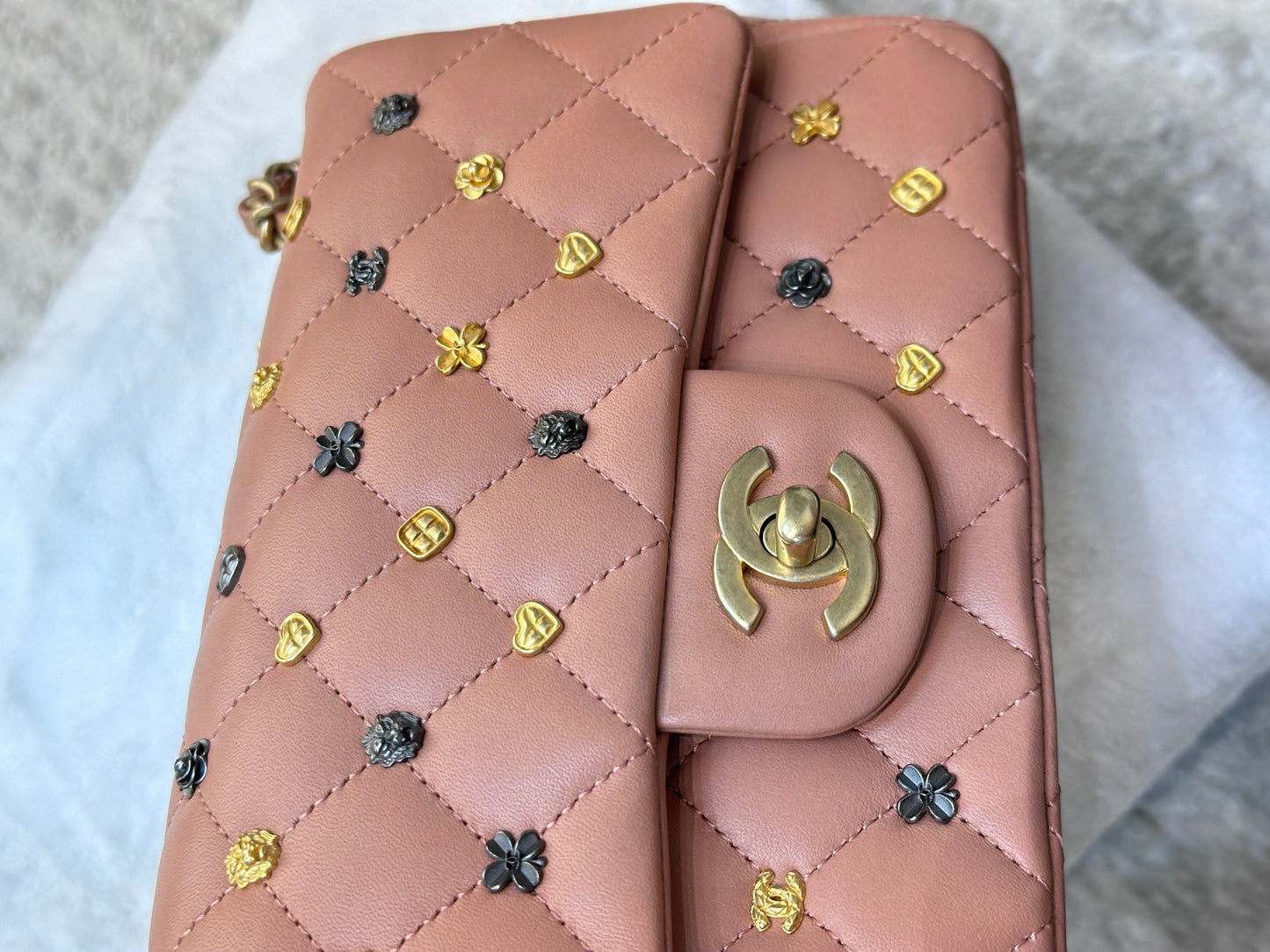 Chanel 2018 Blush Beige Mini Flap Bag with Lucky Charms Stud Embellishment